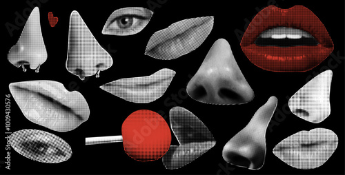 Punk y2k collage elements. Eyes and lips and ear in halftone treatment. Retro magazine clippings. Mouth on transparent background.