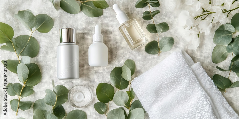 A flat lay of skincare products surrounded by eucalyptus leaves and a towel.