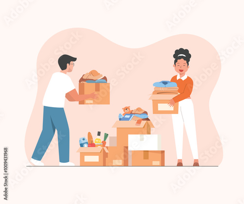 male and female holding donation boxes, Volunteering, Charity concept