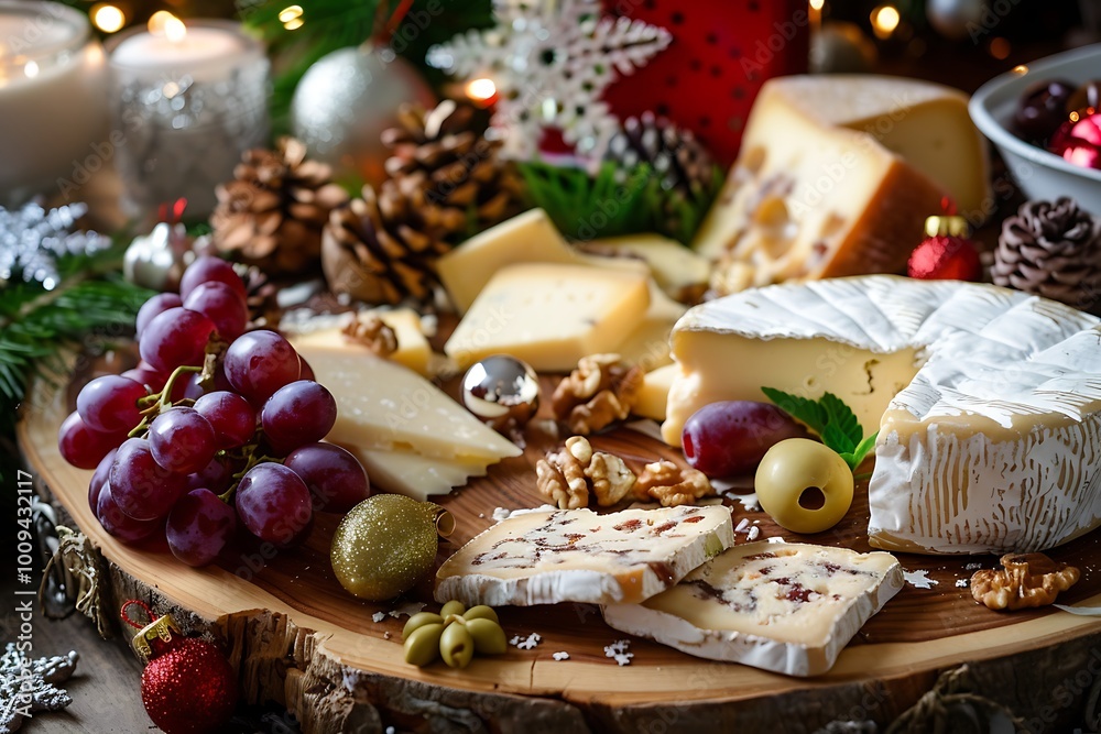 A festive cheese board with various cheeses, grapes, nuts, and Christmas decorations A festive cheese board with various cheeses, grapes, nuts, and Christmas decorations
