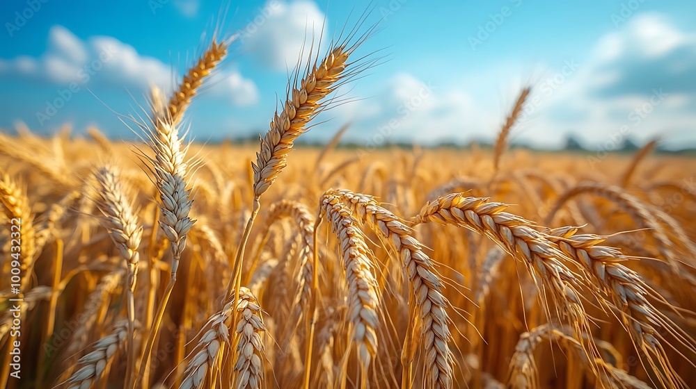 Fototapeta premium Golden wheat field under a blue sky with white clouds.