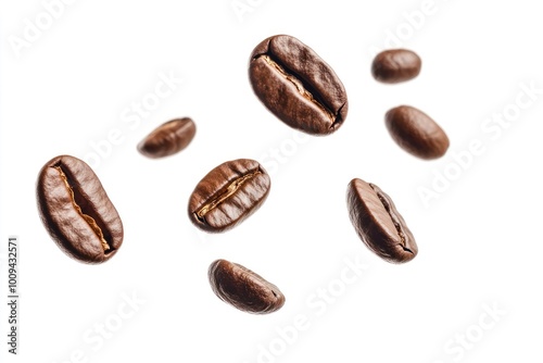 Falling coffee beans background isolated white.