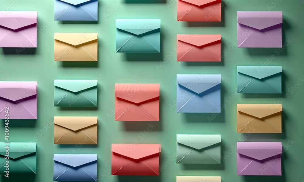 A pattern of rows of pastel coloured envelopes laid out on a green background