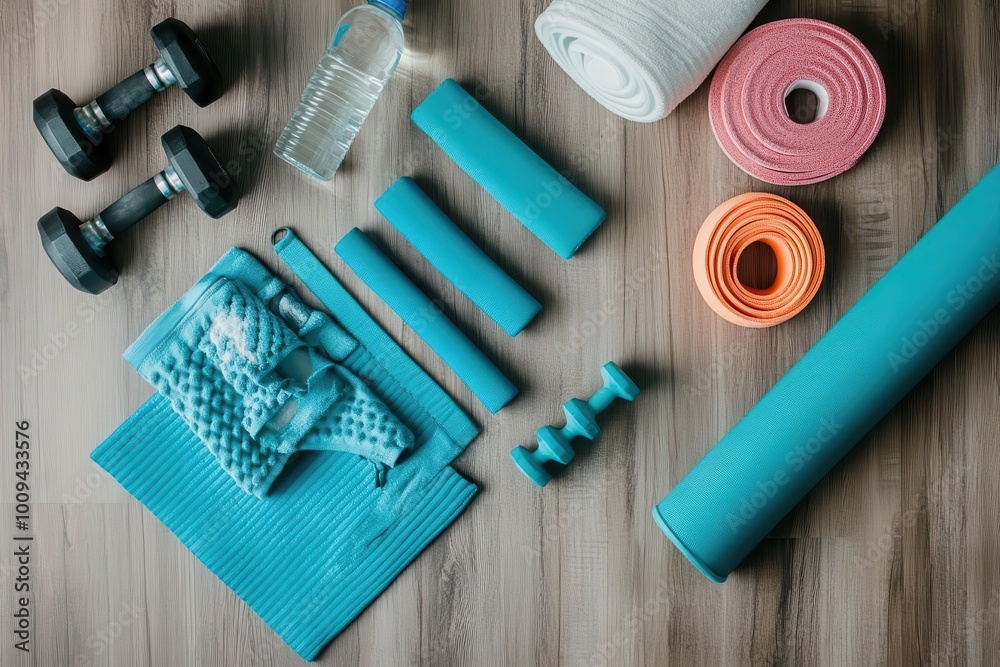 Naklejka premium A flat lay of workout equipment, including dumbbells, mats, and water bottle for exercise.