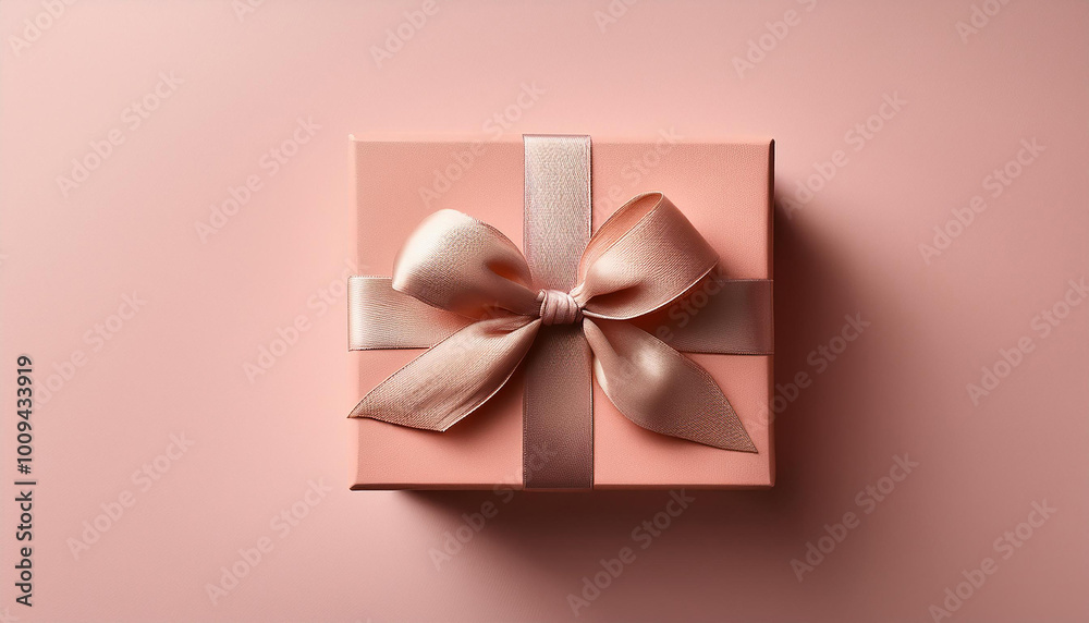 Gift box with bow on dusty pink background, top view. Space for text Gift box with bow on dusty pink background, top view. Space for text