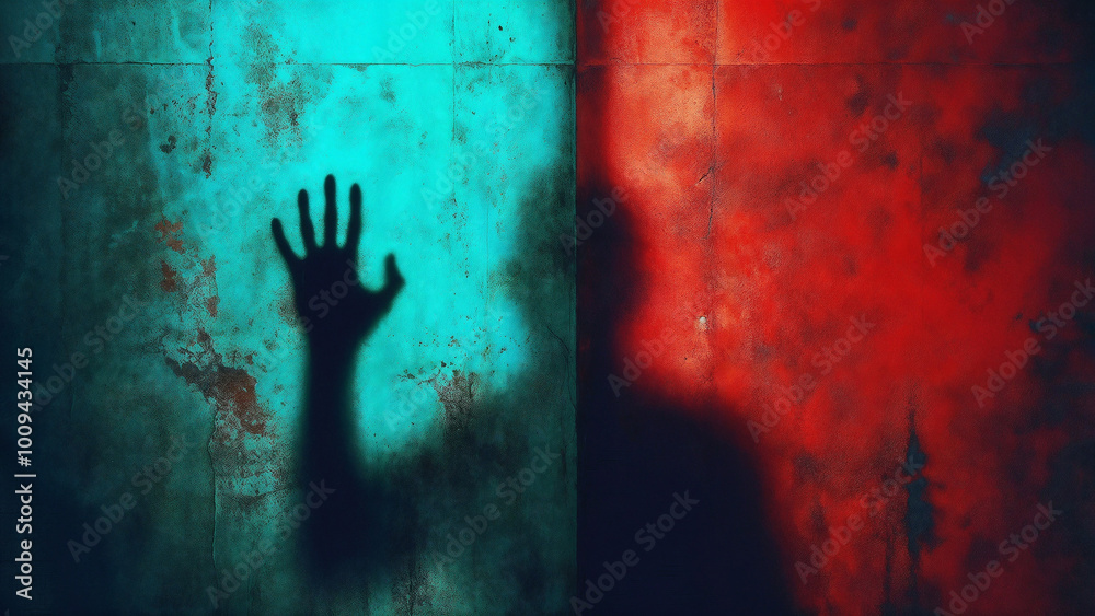 Shadowy silhouette pressing hand against a red and turquoise wall. horror, suspense, and mystery themes, Halloween, thriller and psychological concepts of isolation and emotional struggle Shadowy silhouette pressing hand against a red and turquoise wall. horror, suspense, and mystery themes, Halloween, thriller and psychological concepts of isolation and emotional struggle
