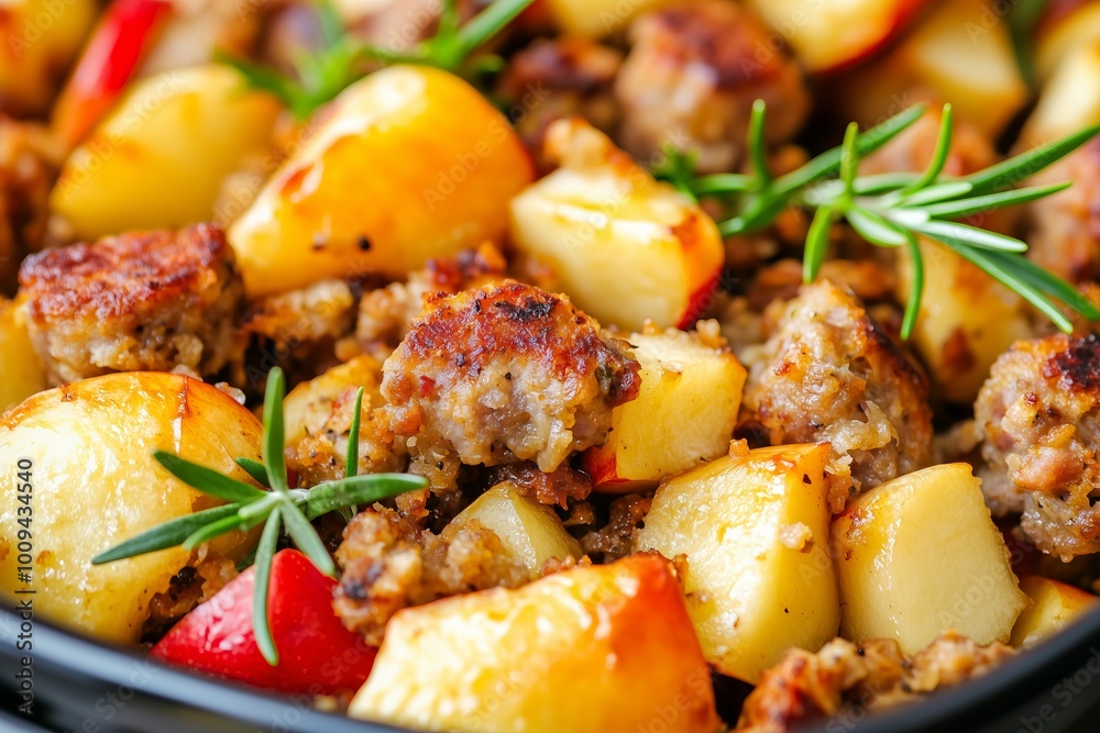 sausage and apple stuffing, with chunks of caramelized apples, crispy sausage, and rosemary, all baked to perfection sausage and apple stuffing, with chunks of caramelized apples, crispy sausage, and rosemary, all baked to perfection