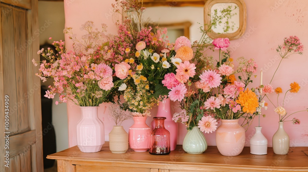 Fototapeta premium Bright floral arrangement on wooden cabinet for spring home decor inspiration