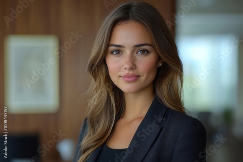 Successful business woman looking at the camera in an office, wearing a professional suit, Generative AI