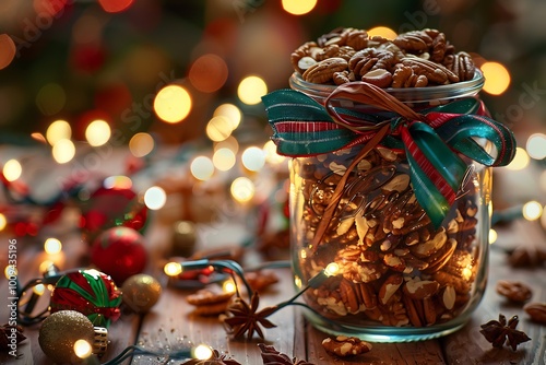 A jar of holiday spiced nuts with a festive ribbon, surrounded by Christmas lights photo