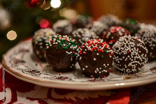 A plate of chocolate truffles decorated with Christmas-themed sprinkles photo