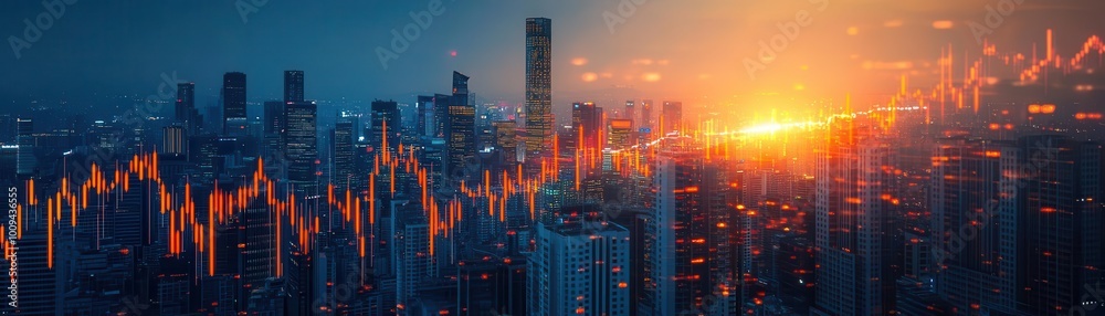 Fototapeta premium A stunning skyline at sunset with vibrant market graphs representing growth and innovation in the finance sector.