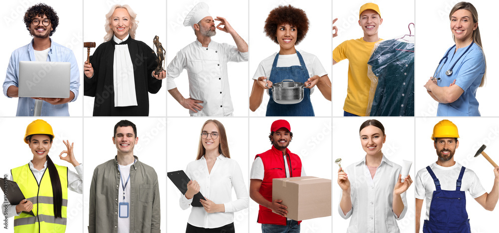 Obraz premium People of different professions on white background, collage