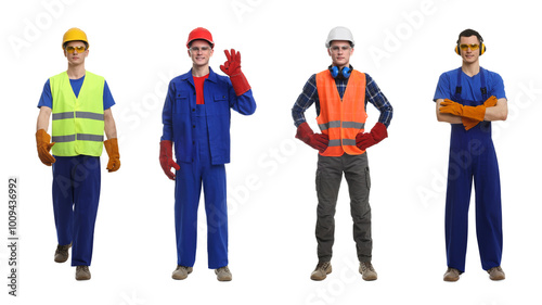 Man in different workwear on white background, collage or photos