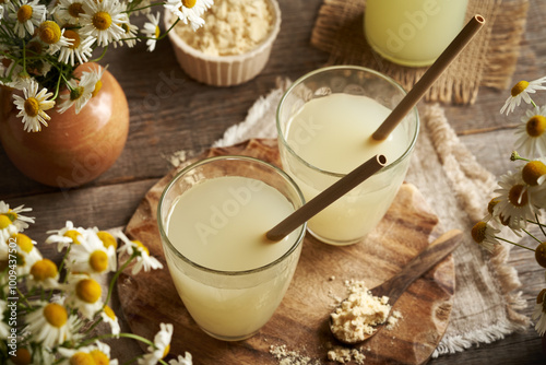 Bild auf Leinwand Fresh natural whey in a glass - protein rich healthy nutritional supplement , wi