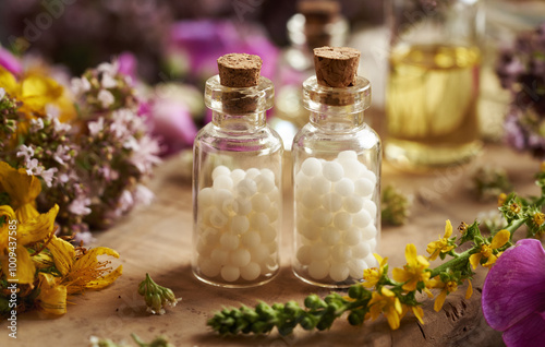 Fotografía White homeopathy globules or pills with colorful summer flowers