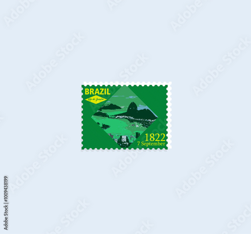 Brazilian Rio landscape Postage Stamp on white background. Vector illustration.