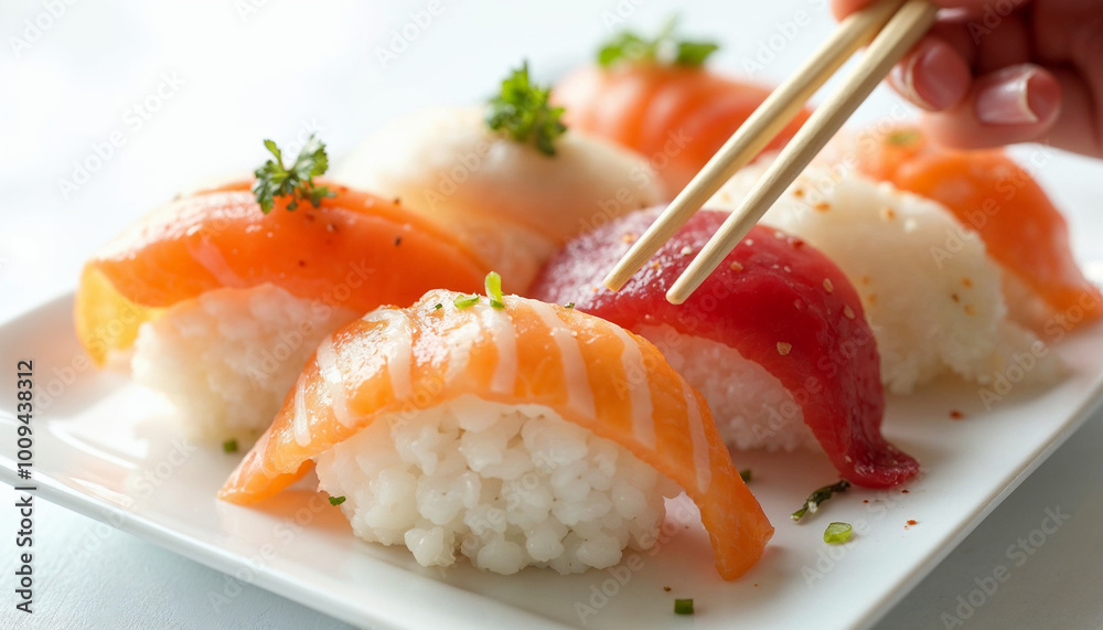 Fresh Sushi Selection Held with Chopsticks Fresh Sushi Selection Held with Chopsticks