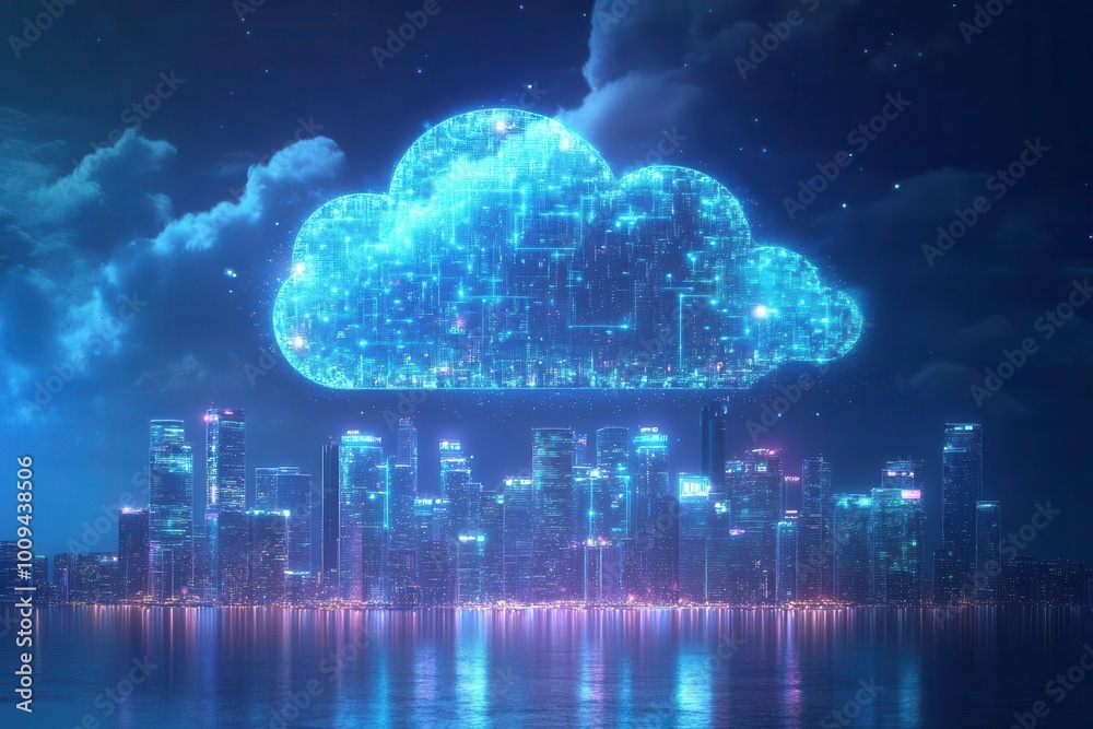 A futuristic cityscape illuminated by a glowing digital cloud symbolizing technology and innovation. A futuristic cityscape illuminated by a glowing digital cloud symbolizing technology and innovation.