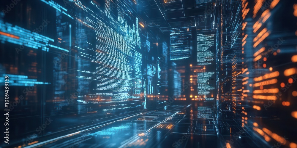 A futuristic digital environment with glowing data streams and abstract patterns. A futuristic digital environment with glowing data streams and abstract patterns.