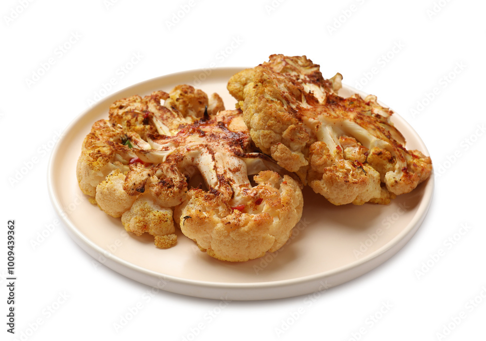 Delicious baked cauliflower steaks isolated on white Delicious baked cauliflower steaks isolated on white