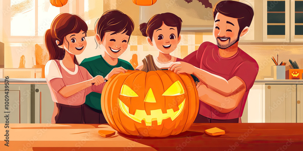 Fototapeta premium A family of four carving a pumpkin together in their kitchen, the pumpkin's flesh in various shades of orange and yellow.