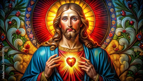 Sacred Heart of Jesus imagery showcasing devotion, spirituality, and religious symbolism in art