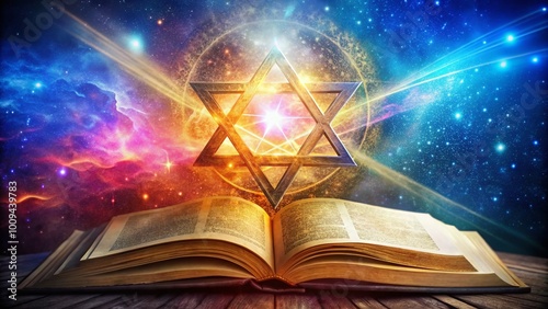 Sacred Tetragrammaton Symbol on Ancient Text with Mystical Stars and Cosmic Background Imagery photo