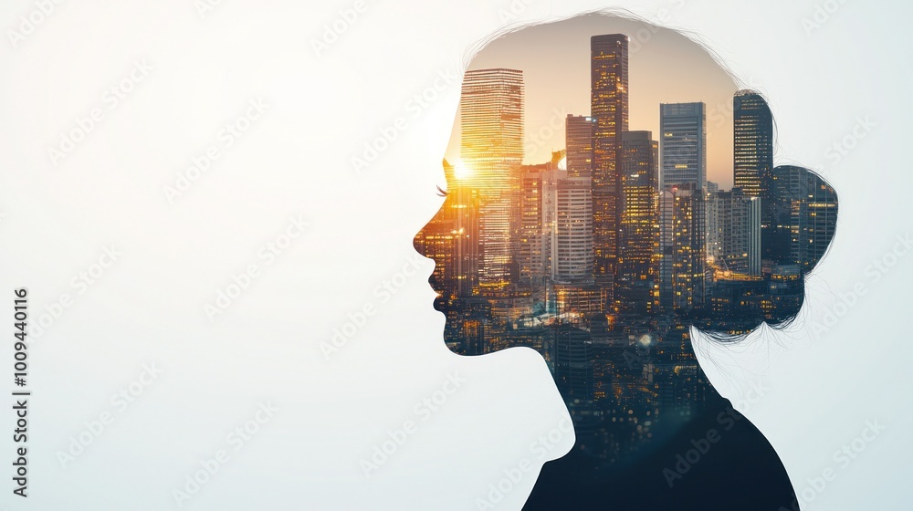 Woman's profile intertwined with urban skyscrapers design. Woman's profile intertwined with urban skyscrapers design.