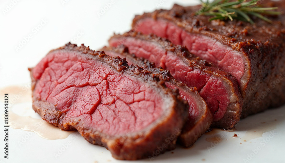 Close up of a red sliced juicy venison steak with riffles Close up of a red sliced juicy venison steak with riffles