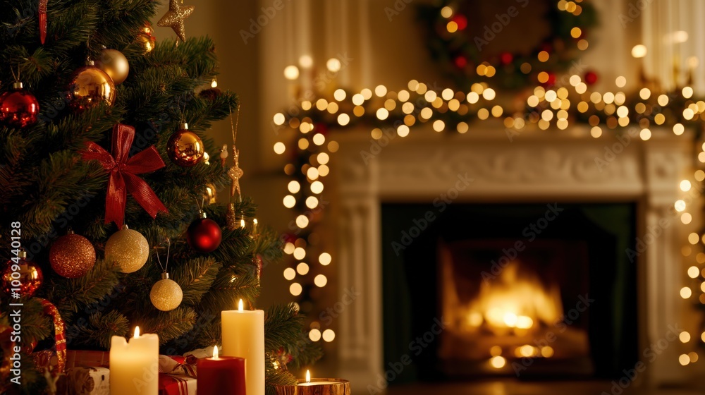 Cozy christmas scene with fireplace and festive decorations in warm candlelight Cozy christmas scene with fireplace and festive decorations in warm candlelight
