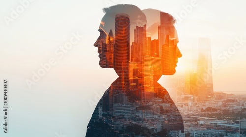 Double exposure of cityscape with two men in profile.