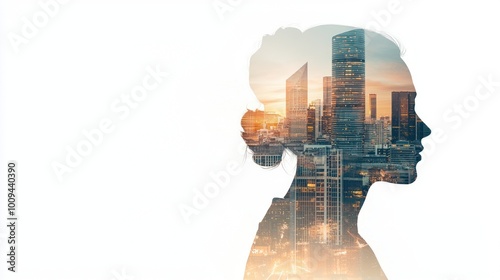 Female silhouette with bustling city overlay effect