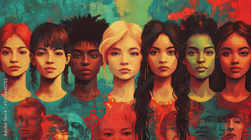 A vibrant portrait of diverse women showcasing unique beauty and strength, representing unity and empowerment through art. A vibrant portrait of diverse women showcasing unique beauty and strength, representing unity and empowerment through art.
