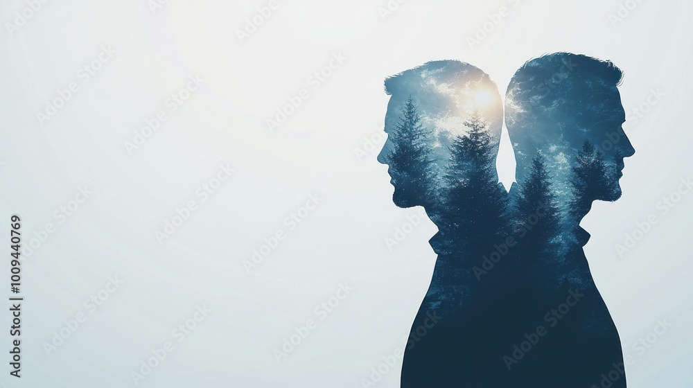 Double silhouette of opposing trees and male profiles. Double silhouette of opposing trees and male profiles.