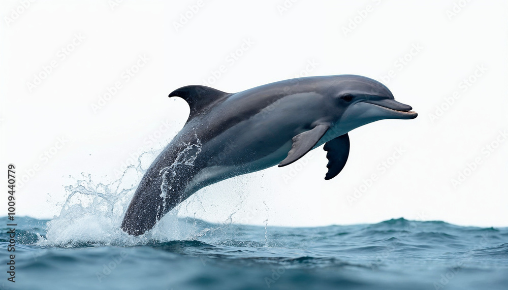 Fototapeta premium Bottlenose dolphin jumping out of the sea water splashing over the surface
