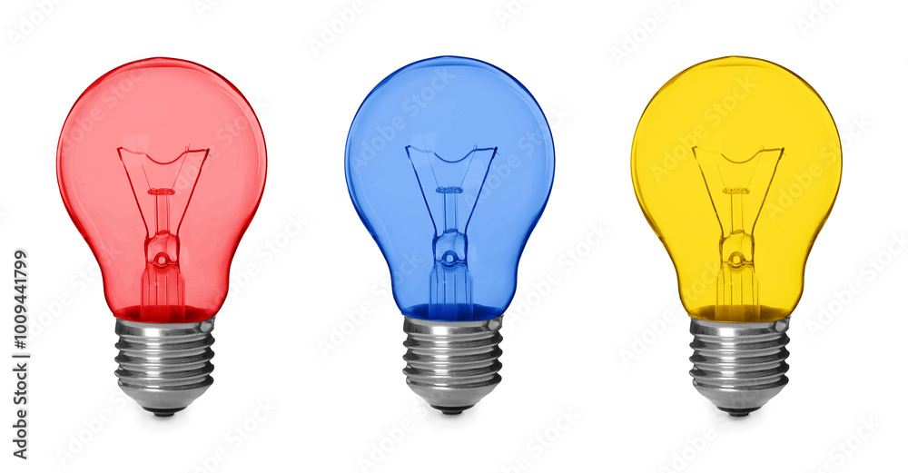 Light bulbs of different colors on white background, set Light bulbs of different colors on white background, set