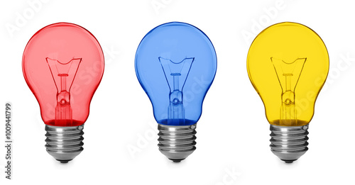 Light bulbs of different colors on white background, set