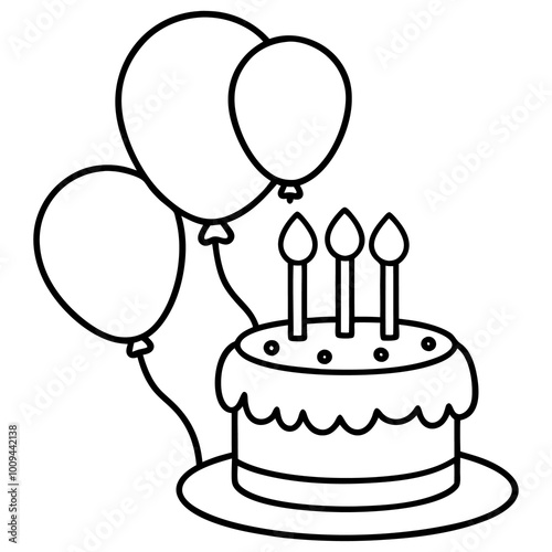 birthday cake and balloons outline coloring book page line art drawing