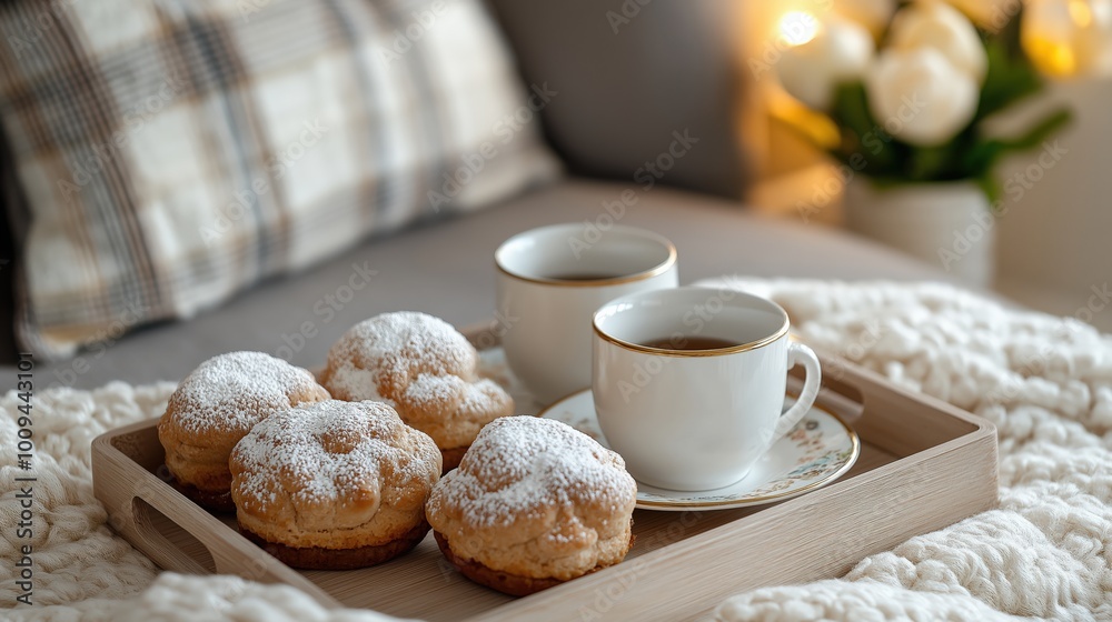 Cozy scandinavian living room with pastry and coffee for spring comfort