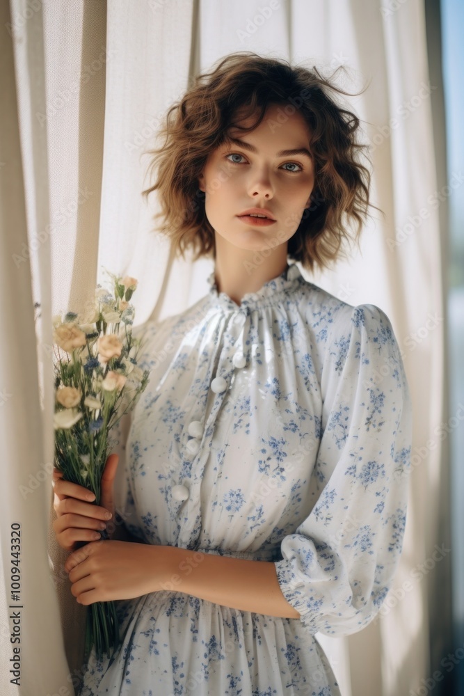 Small blue flowers dress fashion portrait blouse. Small blue flowers dress fashion portrait blouse.
