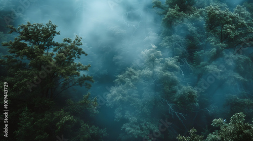 Misty forest scene with ethereal blue atmosphere. Mysterious woodland evokes fairytale-like wonder and connection to nature's magic.