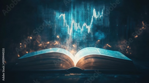 Open book with rising digital graph above, glowing.