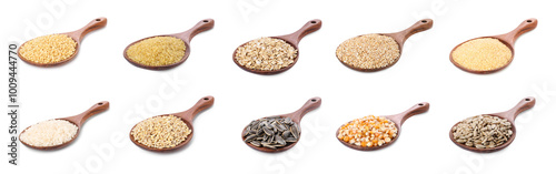 Different cereal grains and plant seeds in wooden spoons on white background. Collection