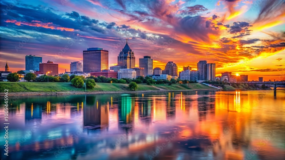Fototapeta premium Scenic view of Memphis skyline at sunset with vibrant colors reflecting on the Mississippi River