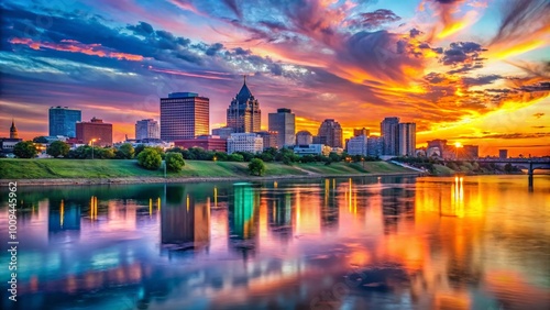 Scenic view of Memphis skyline at sunset with vibrant colors reflecting on the Mississippi River