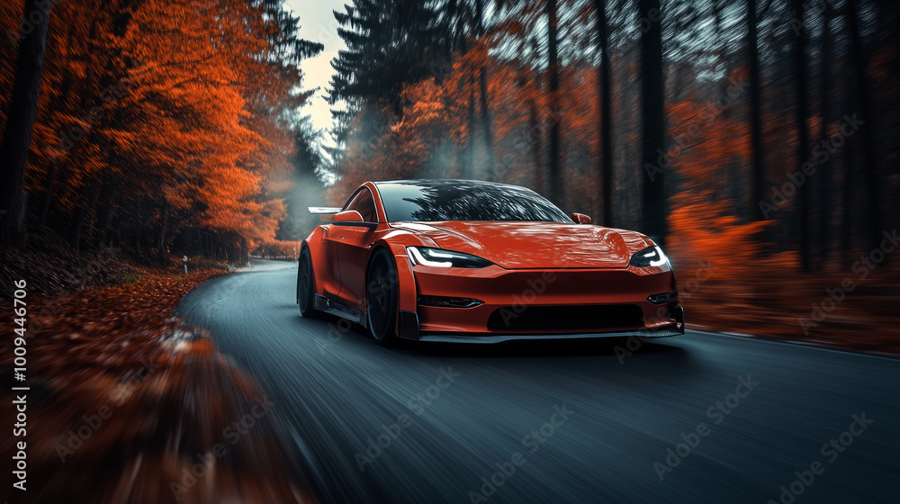 Fototapeta premium EV (Electric Vehicle) electric car is driving on a winding road