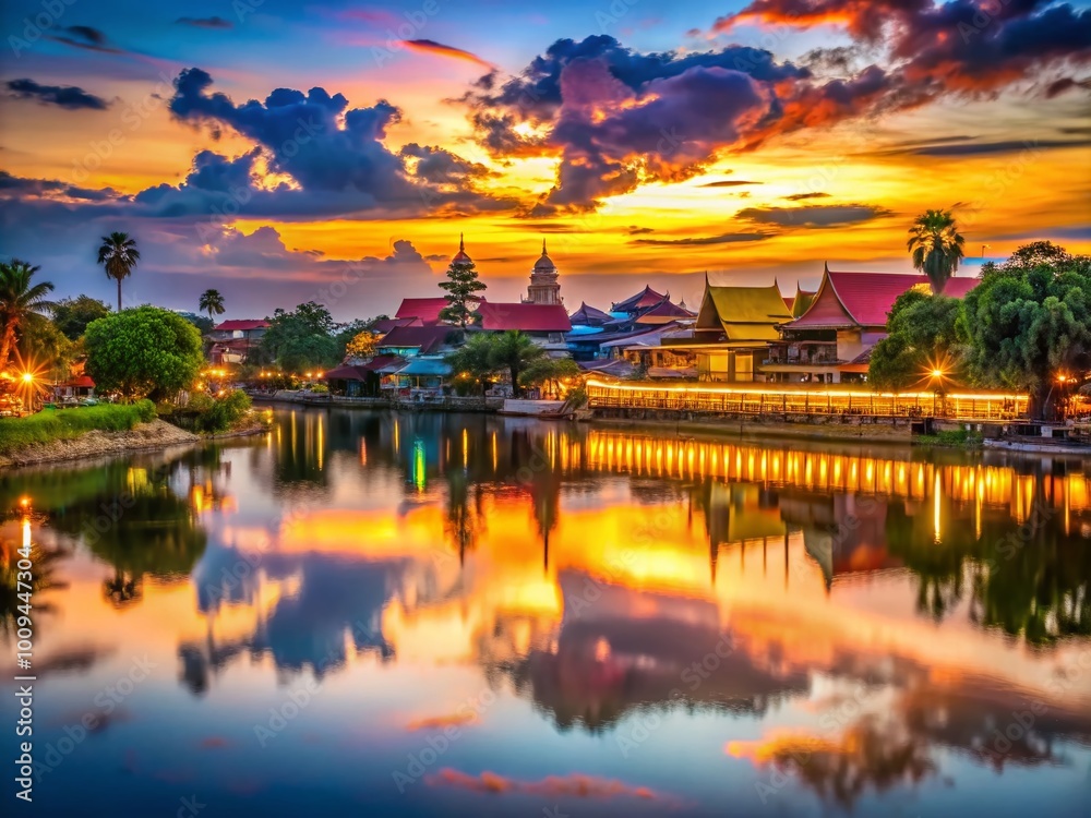 Scenic view of Siem Reap city skyline along the riverside reflecting vibrant sunset colors Scenic view of Siem Reap city skyline along the riverside reflecting vibrant sunset colors