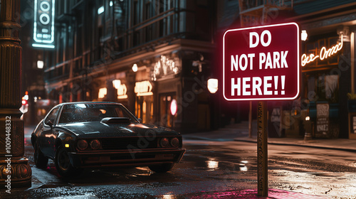 DO NOT PARK HERE! No-parking sign with a car parked illegally in front of a busy building. Transport traffic warning stop vehicle.