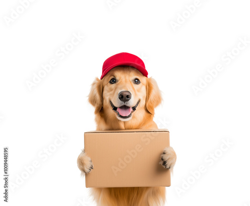 Golden retriever wearing a red cap holding a cardboard box, smiling. Perfect for themes of delivery, service, and pet-friendly business. isolated PNG background. photo